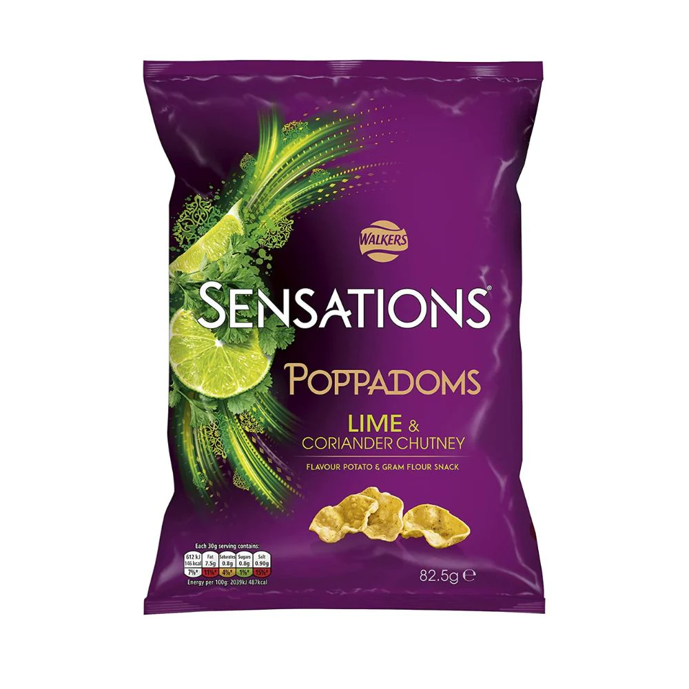 Walkers Sensation Poppadoms Lime & Coriander Chuntney, patatine al gusto di lime e coriandolo da 82.5g